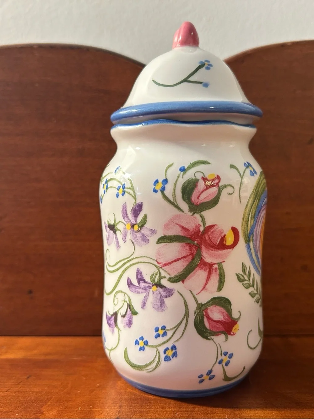 Hand-Painted Rooster Ceramic Canister - White with Multicolor Rooster